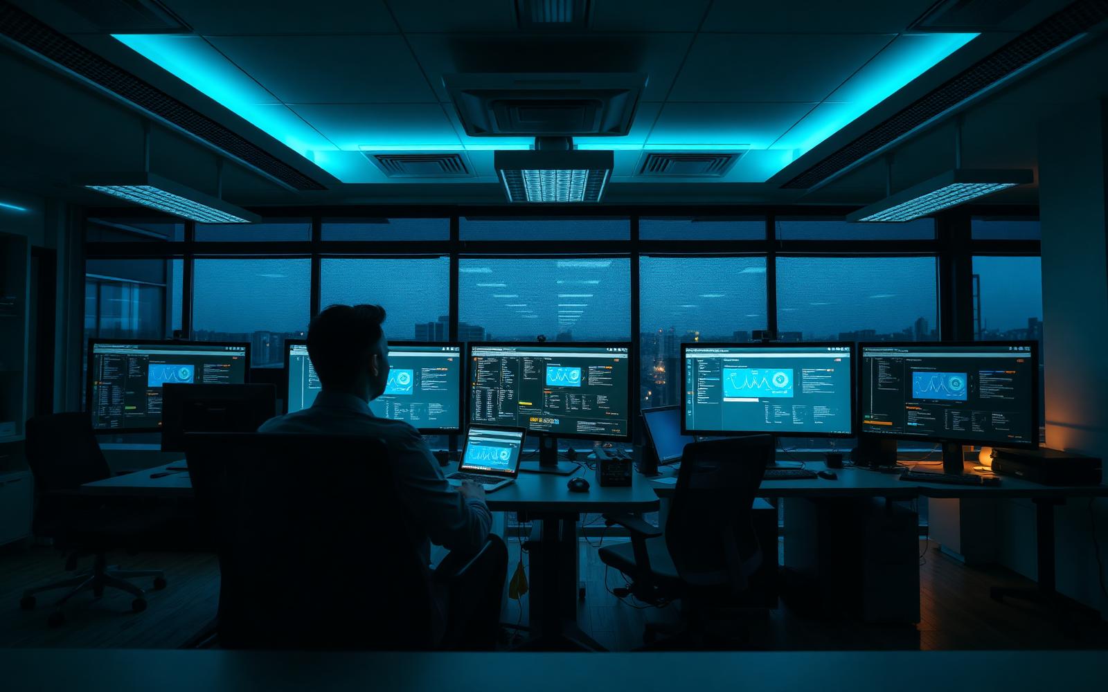 IT technician monitoring business network dashboards for a Grimsby, Ontario company
